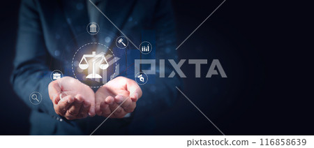 Lawyer with law related icons, copy space Lawyer with law related icons, copy space 116858639