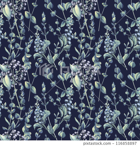 Eucalyptus twigs with decorative berries on a dark background. Watercolor illustration. A delicate, simple, seamless pattern from the WEDDING FLOWERS collection. For decoration and design 116858897