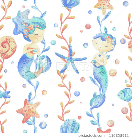 Mermaids is a little girls and boys with fish, seashell, corals, algae, starfish. Watercolor illustration hand drawn pastel colors coral and blue. Seamless pattern on a white background Mermaids is a little girls and boys with fish, seashell, corals, algae, starfish. Watercolor illustration hand drawn pastel colors coral and blue. Seamless pattern on a white background 116858911