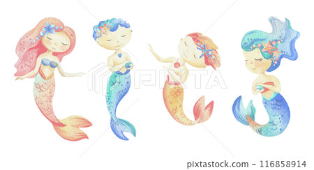 Mermaids is a little girls and boys with tails. Watercolor illustration hand drawn with pastel colors turquoise, blue, mint, coral, pink, peachy. Set of elements isolated from background. 116858914