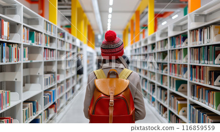 Student with Backpack in Colorful Library 116859559