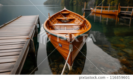 Wooden Rowboat Docked at Lake Wooden Rowboat Docked at Lake 116859601