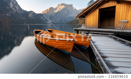 Wooden Rowboats on Mountain Lake Wooden Rowboats on Mountain Lake 116859610