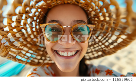 Woman Smiling with Straw Hat on Beach 116859665
