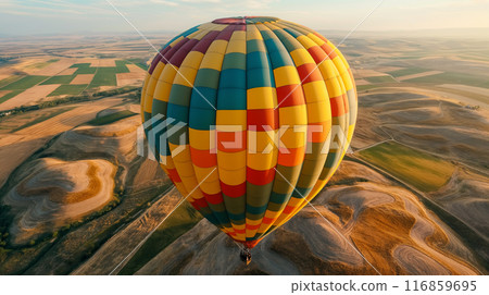 Colorful Hot Air Balloon Over Fields 116859695