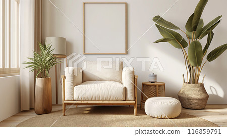 Living room interior wall mockup in warm tones with beige linen armchair, Boho style decoration Living room interior wall mockup in warm tones with beige linen armchair, Boho style decoration 116859791