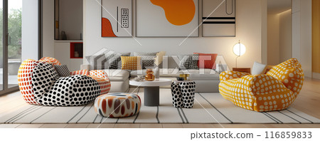 Modern Living Room with Polka Dot and Abstract Art Modern Living Room with Polka Dot and Abstract Art 116859833