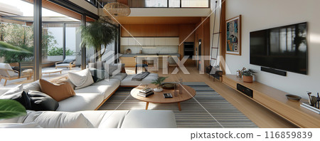 Elegant Living Room with Wooden Accents 116859839