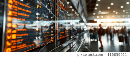 Airport Departure Board with Blurred Passengers Airport Departure Board with Blurred Passengers 116859911