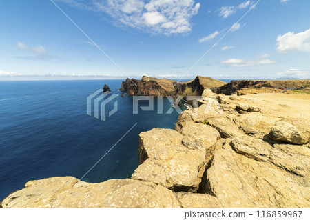 Sao Lourence Eastern Part of Madeira Island on Sunny Day. Cliffs, Mountains and Ocean. Portugal 116859967