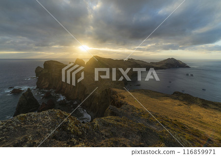 Sao Lourence Eastern Part of Madeira Island at Sunrise. Abismo Viewpoint. Cliffs, Mountains and Sao Lourence Eastern Part of Madeira Island at Sunrise. Abismo Viewpoint. Cliffs, Mountains and 116859971