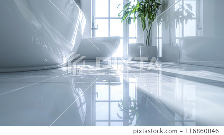 The bathroom floor is sparkling clean, Shiny white bathroom floor. 116860046