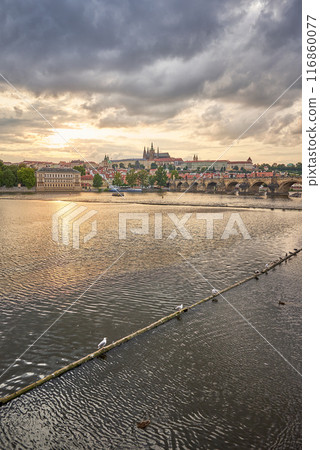 Colorful sunset view of Prague castle, Vltava river and Mala strana district in Prague, capital of Czech republic Colorful sunset view of Prague castle, Vltava river and Mala strana district in Prague, capital of Czech republic 116860077