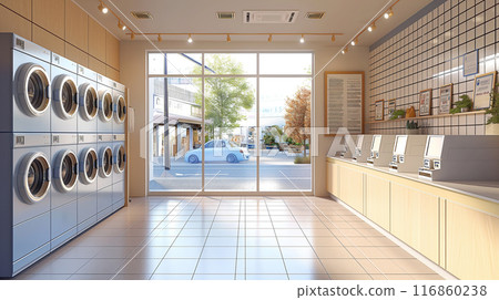 Modern laundry shop interior with counter and washing machines Modern laundry shop interior with counter and washing machines 116860238