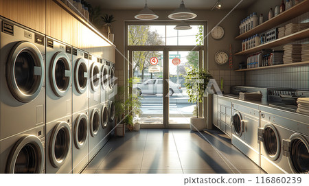 Modern laundry shop interior with counter and washing machines 116860239