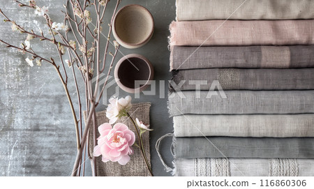A flat lay of assorted textured fabrics and ceramic cups, accompanied by delicate flowers and twigs 116860306