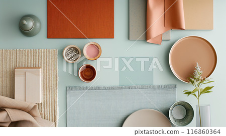 Flat Lay of Home Decor Elements with Earthy and Pastel Tones 116860364