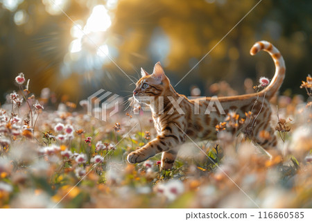 portrait of a Bengal cat cat side view, running in a park 116860585