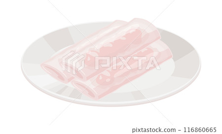Illustration of steamed rice flour spring rolls with shrimp served on a plate Illustration of steamed rice flour spring rolls with shrimp served on a plate 116860665