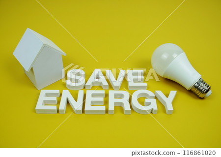 Save Enegy alphabet letters with house model and LED light bulbs on yellow background, Saving and Eco frienly concept 116861020