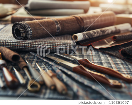 Tailoring Fabrics and Tools on Workbench 116861097