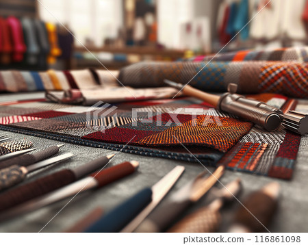 Colorful Fabrics and Tailoring Tools on Workbench 116861098