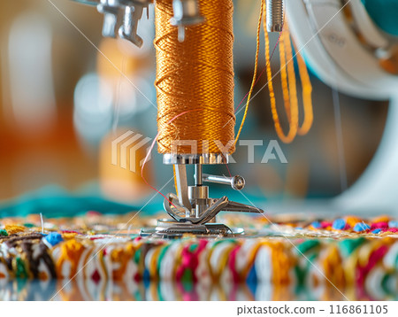 Sewing Machine Embroidering Colorful Patterned Fabric, a close-up view of a sewing machine in action Sewing Machine Embroidering Colorful Patterned Fabric, a close-up view of a sewing machine in action 116861105