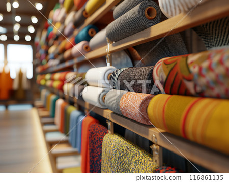 Perspective View of Fabric Selection in a Modern Tailor Shop Perspective View of Fabric Selection in a Modern Tailor Shop 116861135