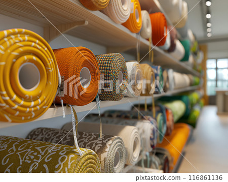 Perspective View of Fabric Selection in a Modern Tailor Shop 116861136