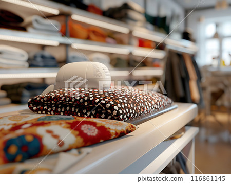 A perspective view of a tailor ironing a piece of fabric on an ironing board A perspective view of a tailor ironing a piece of fabric on an ironing board 116861145