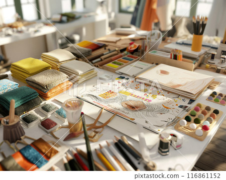 Tailor Sketching Designs in a Colorful Fabric Shop Tailor Sketching Designs in a Colorful Fabric Shop 116861152