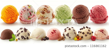Assorted Ice Cream Scoops with Mixed Toppings 116861162