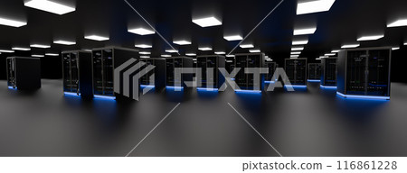Server room data center. Backup, mining, hosting, mainframe, farm and computer rack with storage information. 3d render 116861228