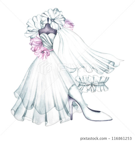 The bride's outfit. A white wedding dress on a mannequin, a veil, a slipper and a garter. The logo of the wedding boutique. A watercolor illustration made by hand. For postcards, banners, flyers. The bride's outfit. A white wedding dress on a mannequin, a veil, a slipper and a garter. The logo of the wedding boutique. A watercolor illustration made by hand. For postcards, banners, flyers. 116861253