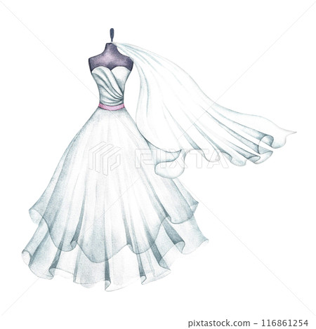 A white wedding dress on a mannequin and a veil. An outfit for the bride. The lady logo. A separate watercolor illustration made by hand. A design element for postcards, banners, flyers and invitation A white wedding dress on a mannequin and a veil. An outfit for the bride. The lady logo. A separate watercolor illustration made by hand. A design element for postcards, banners, flyers and invitation 116861254