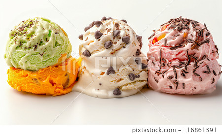 Three Melting Ice Cream Scoops with Chocolate Chips and Sprinkles 116861391