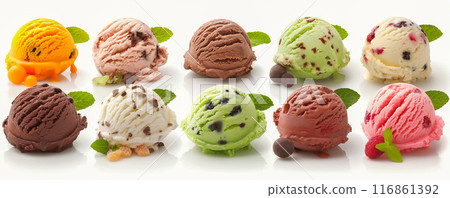 Ten Assorted Ice Cream Scoops with Chocolate Chips and Mint Leaves 116861392