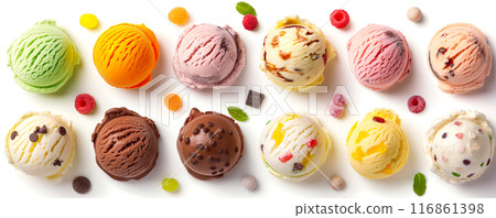 Assorted Ice Cream Scoops with Toppings and Fruits Assorted Ice Cream Scoops with Toppings and Fruits 116861398