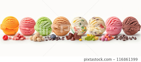 Colorful Ice Cream Scoops with Various Toppings 116861399
