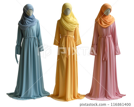 Colorful Modest Muslim Women's Dresses Displayed on Mannequins on transparent background 116861400