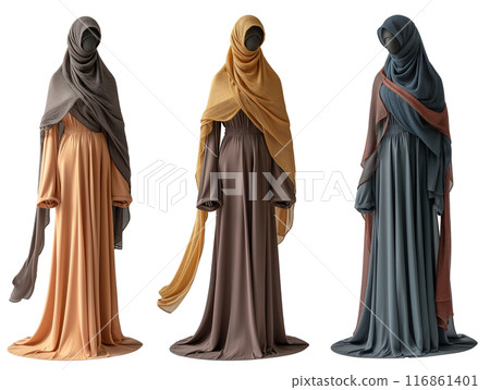 Elegant Muslim Women's Outfits Displayed on Mannequins on transparent background Elegant Muslim Women's Outfits Displayed on Mannequins on transparent background 116861401