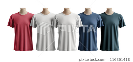 Variety of Round Neck T-Shirts on Mannequins on transparent background Variety of Round Neck T-Shirts on Mannequins on transparent background 116861418