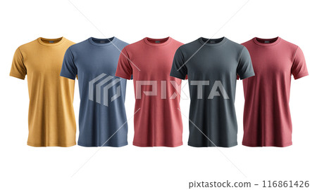 Five Basic T-Shirts in Assorted Colors on Mannequins on transparent background 116861426