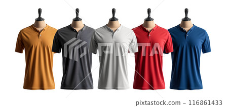 Five Solid Color Polo Shirts on Mannequins on transparent background Five Solid Color Polo Shirts on Mannequins on transparent background 116861433