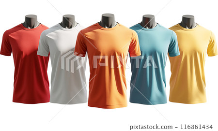 Five Solid Color T-Shirts on Black Mannequins on transparent background Five Solid Color T-Shirts on Black Mannequins on transparent background 116861434