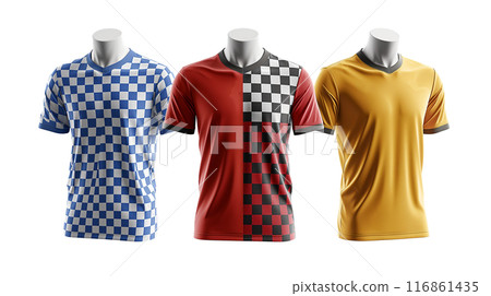 Three World Cup Concept T-Shirts with Checkered Patterns on transparent background Three World Cup Concept T-Shirts with Checkered Patterns on transparent background 116861435