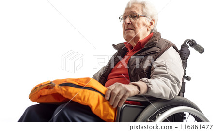 Elderly Woman in Wheelchair with Orange Blanket Elderly Woman in Wheelchair with Orange Blanket 116861477