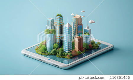 Isometric Mobile Phone with 3D City Model Showing Augmented Reality 116861496