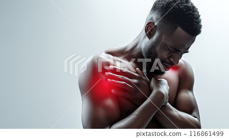 Concept image showing a man shoulder pain. on a white background Concept image showing a man shoulder pain. on a white background 116861499