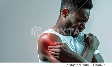 Concept image showing a man shoulder pain. on a white background Concept image showing a man shoulder pain. on a white background 116861500